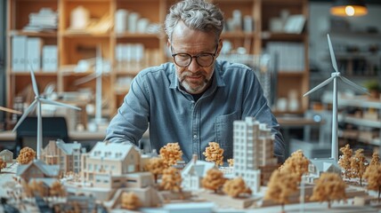 Architect working on a model of a house and wind turbines in the background