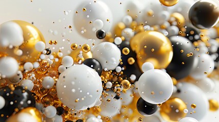 Dynamic 3D Arrangement. A striking 3D render showcasing a cluster of abstract spheres and solids in gold, white, and black, creating a visually dynamic composition.