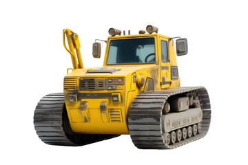 A yellow bulldozer. The bulldozer is stationary, with its shovel lowered. It appears to be in a state of readiness for construction or earthmoving activities. Isolated on a Transparent Background PNG.