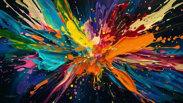 Vibrant paint splatters burst from the canvas creating a dynamic and captivating piece.