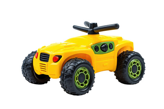 A bright yellow toy car with vibrant green wheels. The toy cars design is simple and eye-catching, perfect for imaginative play. Isolated on a Transparent Background PNG.