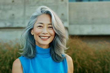 Portrait of a beautiful asian woman with blue hair smiling - obrazy, fototapety, plakaty