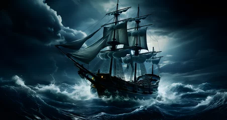 Rolgordijnen the tall ship is traveling through rough ocean waves © Henry