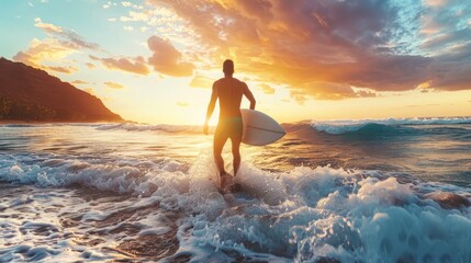At a picturesque beach, a man enjoys the serenity of water sports. He's surfing and exercising, embracing the joy and freedom of his vacation. - obrazy, fototapety, plakaty