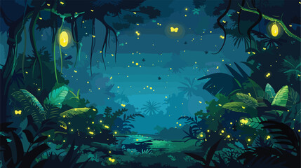 Fototapeta na wymiar Night tropical jungle with fireflies. Atmospheric fant