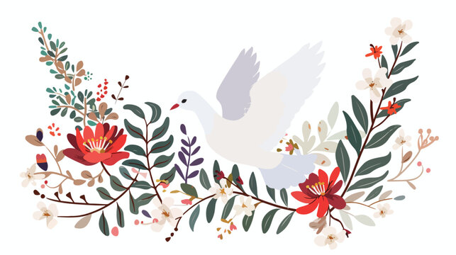 White Dove And Flowers Flat vector isolated on white