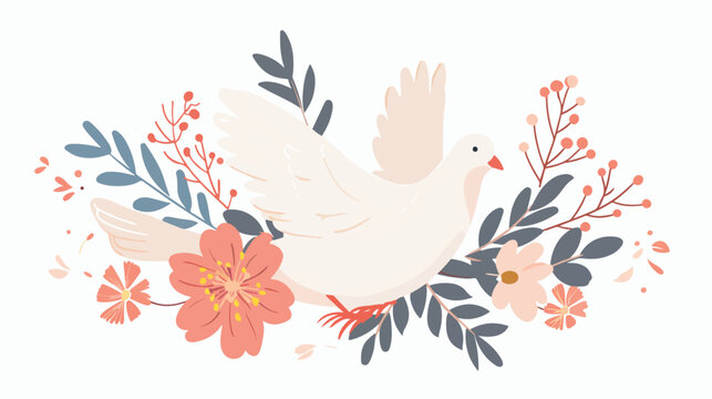 White Dove And Flowers Flat vector isolated on white