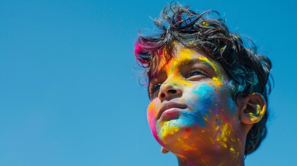 A young Indian boy during Holi, with colorful powder on his face and a clear blue sky behind him. Copy space for graphics and text.