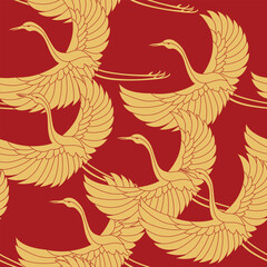 Japanese Gold Flying Crane Bird Vector Seamless Pattern