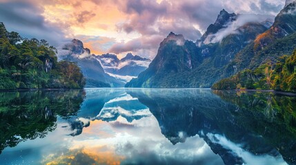 A picturesque lake nestled amidst towering mountains reflects the vibrant colors of the clouds above. Verdant forests envelop the lake, creating a serene and enchanting ambiance. - obrazy, fototapety, plakaty
