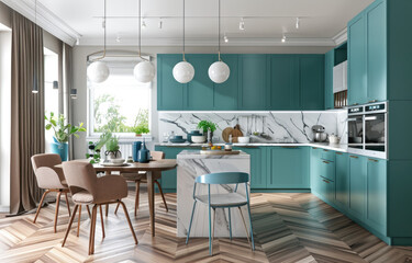 A modern kitchen with teal cabinets, white walls and marble countertops in an apartment. The kitchen features teal cabinets and white walls with marble countertops