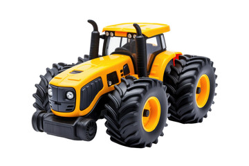 A small toy tractor. The tractor is yellow and black, with realistic details like wheels and a cab. Its size suggests it is a miniature replica. Isolated on a Transparent Background PNG.