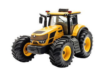 A small toy tractor. The tractor has intricate details and is brightly colored, with movable wheels and a sturdy design. Isolated on a Transparent Background PNG.
