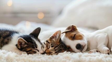 Cat and puppy cuddle on bed, adorable ,Cat and dog sleeping. Puppy and kitten sleep. on white blurred home background, with copy space, concept of sweet sleeping, friendship and peaceful slow life. 
