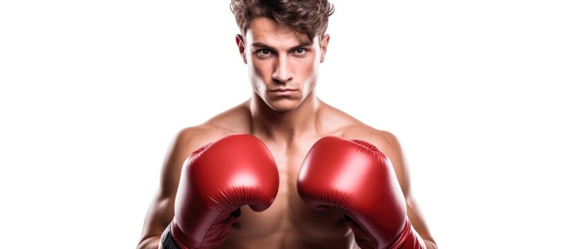 A young, strong man wearing red boxing gloves poses for a picture in his sportswear against a white background. He exudes confidence and readiness for a boxing training session.