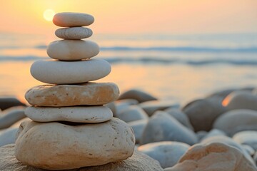 Stack of zen stones on the beach at sunset,  Zen concept - obrazy, fototapety, plakaty