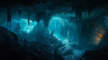 Underground cave system with stalactites and stalagmites illuminated by soft light - obrazy, fototapety, plakaty