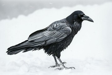 Raven - Corvus corax, single bird on snow, Scotland