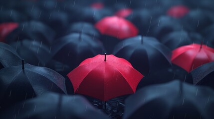 One red umbrella among many black ones under the rain, symbolizing uniqueness