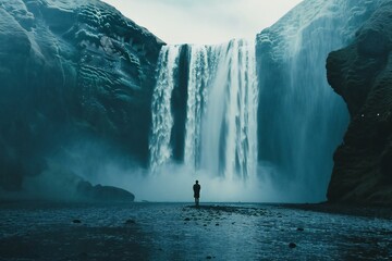 Silhouette of a man standing in front of a waterfall in Iceland - obrazy, fototapety, plakaty
