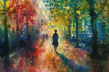 Silhouette of a woman in a black dress standing in the middle of a colorful city park - obrazy, fototapety, plakaty
