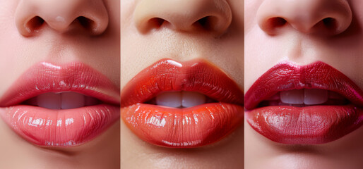 Obraz premium Set of beautiful female lips with bright orange, pink and burgundy lipstick. Background for design.