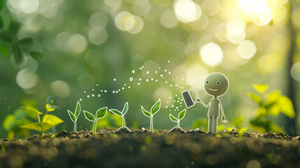 A toy figurine with a smile and the seeds of its little plants. - obrazy, fototapety, plakaty