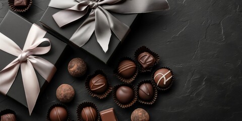 Luxury chocolate pralines with elegant gray bows on dark background, ideal for a gift.