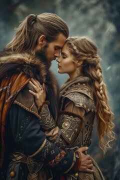 Valiant Viking Warrior Embracing Beloved Princess Tenderly.