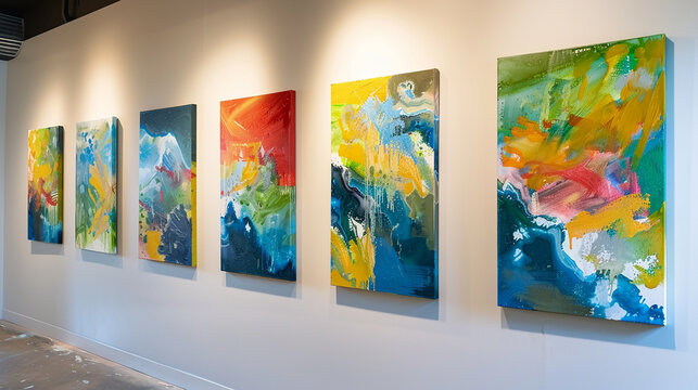 A series of abstract paintings hanging in the gallery, each one inspired by the changing seasons and rhythms of farm life. 
