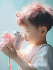 Child with camera, taking photos, soft backlight, close-up on camera and handsorigami, pastel, cute