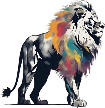 Japanese-style painting with brush strokes of Lion with colorful hair.