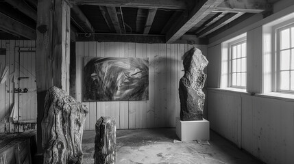 A series of black and white photographs documenting the passage of time on the farm, juxtaposed with abstract sculptures representing the enduring spirit of creativity. 