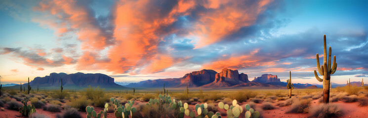 A panoramic view of the Arizona desert with cacti and mountains at sunset. Super fantastic clouds in the sky - obrazy, fototapety, plakaty