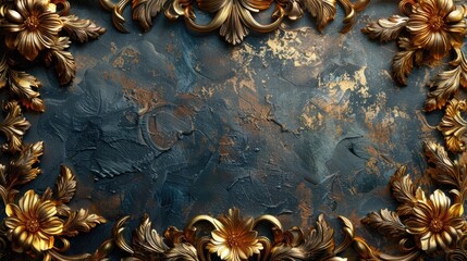 Ornate Golden Baroque Frame Elements on Textured Blue Marble.