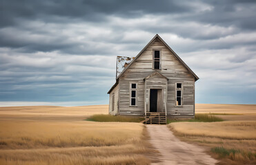  A realistic photo depicts an old, gray wooden schoolhouse situated in the middle of yellowed wheat fields on a cloudy day