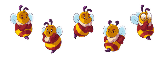 Cute flying baby bee mascot. Cartoon vector set of little honeybee insect character with different emotions and poses - smiling satisfied and waiting, surprised and angry, thoughtful in glasses.