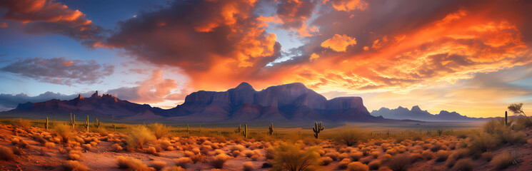  Panoramic view of the Arizona desert with Superstition Mountains at sunset, with dramatic orange and red clouds