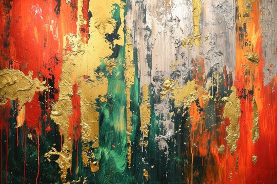 The abstract picture of the gold, red and green colour that has been painted or splashed on the white blank background wallpaper to form the random shape that cannot be describe yet beautiful. AIGX01.