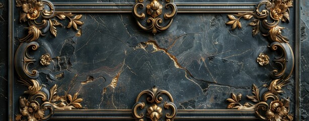 Dark Textured Backdrop with Golden Baroque Flourishes and Frame.