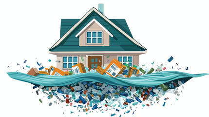 A house isolated flooded by a wave of garbage. flat vector isolated