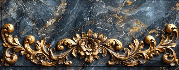 Golden Floral Baroque Elements on Marble Background.