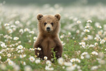Brown bear cub sitting on the meadow with daisies