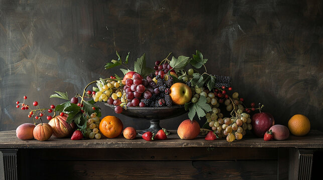  A still life composition featuring a bowl of freshly picked fruits, arranged artfully on a worn farm table in the center of the gallery. 
