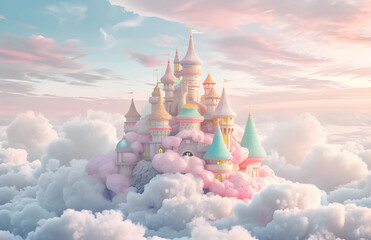 A colorful castle made of pastel colored sweets in the clouds