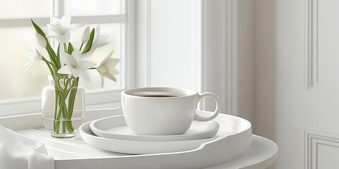 Fototapeta na wymiar A simple coffee setting with a white cup and saucer, and fresh white flowers by a window.