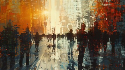 A gathering of abstract figures in a crowded urban landscape, each person lost in their own thoughts and emotions amidst the hustle and bustle of city life in