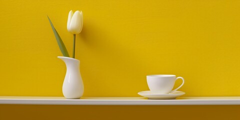 A minimalist setup with a single white tulip in a vase and a tea cup on a yellow shelf.