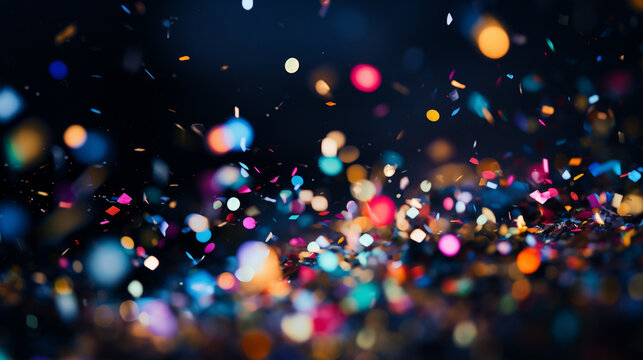 Bright colorful lights and confetti bokeh abstract background	