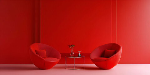 A red chair in a room with a red wall and a white chair. 